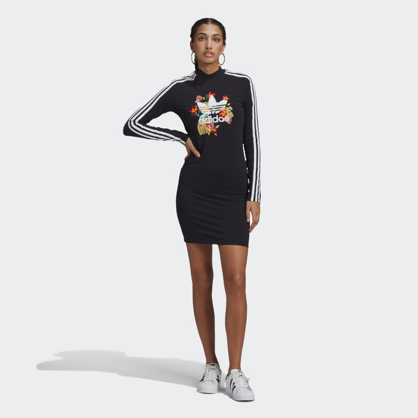 black dress with an adidas logo and floral print on the front