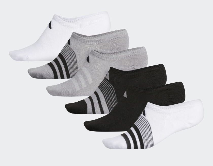 white, gray, and black no show socks