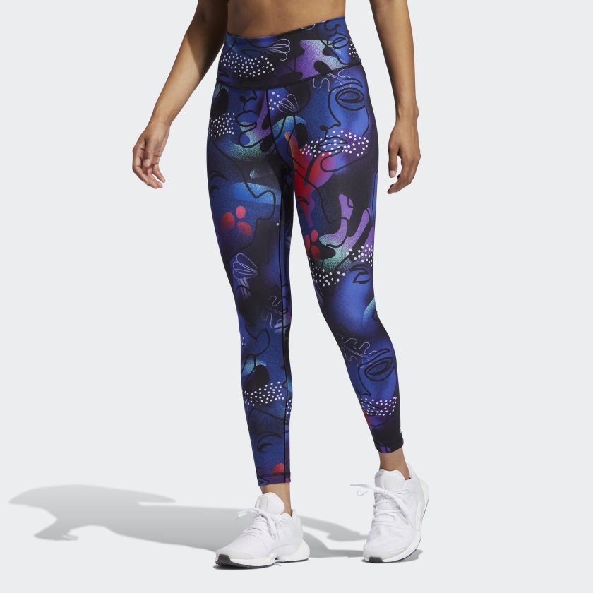 blue purple and black leggings with designs on it