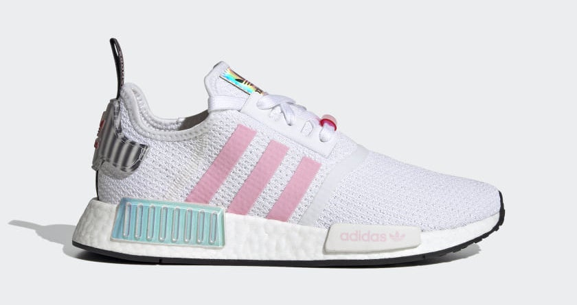 white pink and iridescent sneaker on a white background