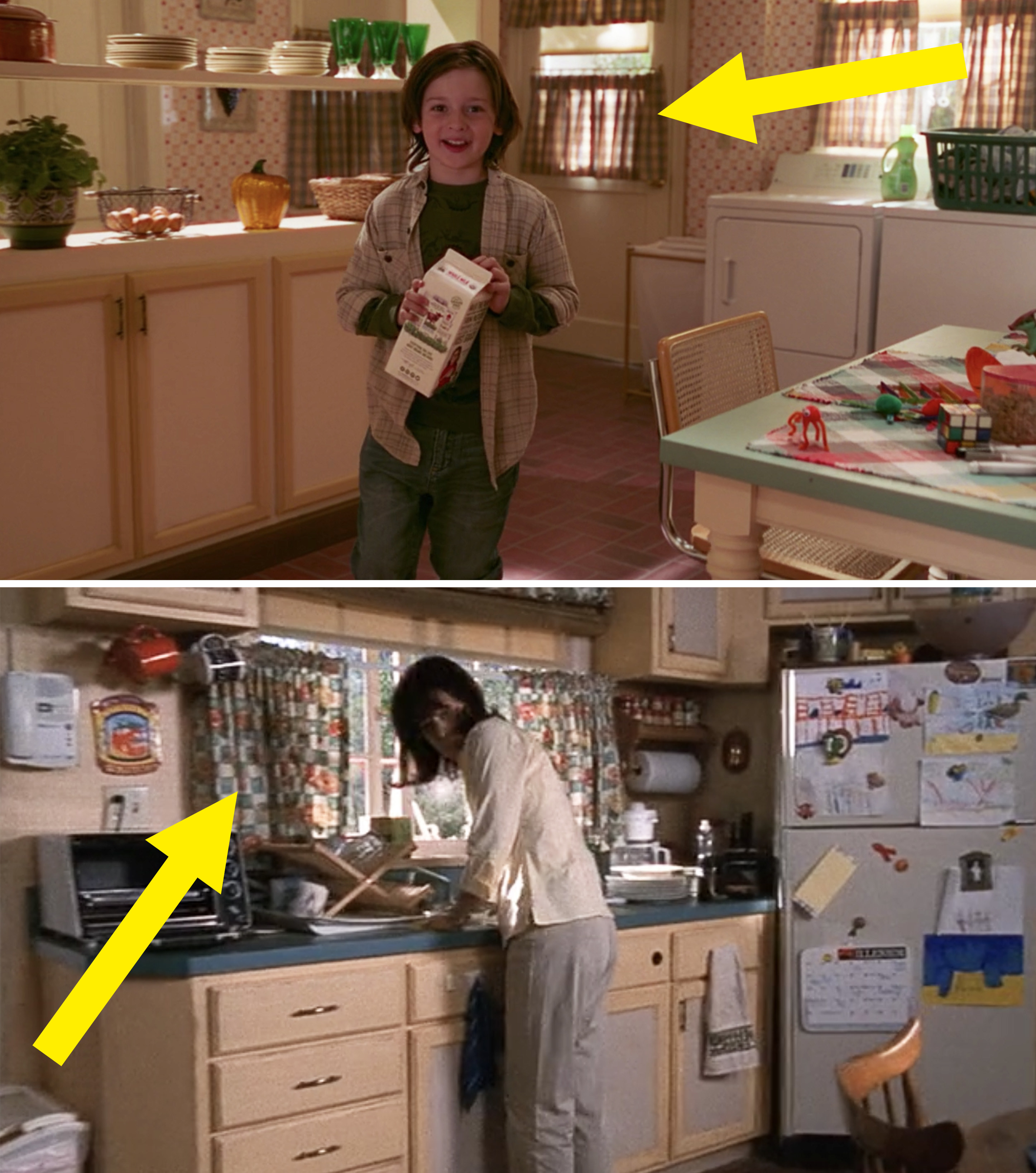 Arrows pointing to the similar curtains on the kitchen windows in WandaVision and Malcolm in the Middle