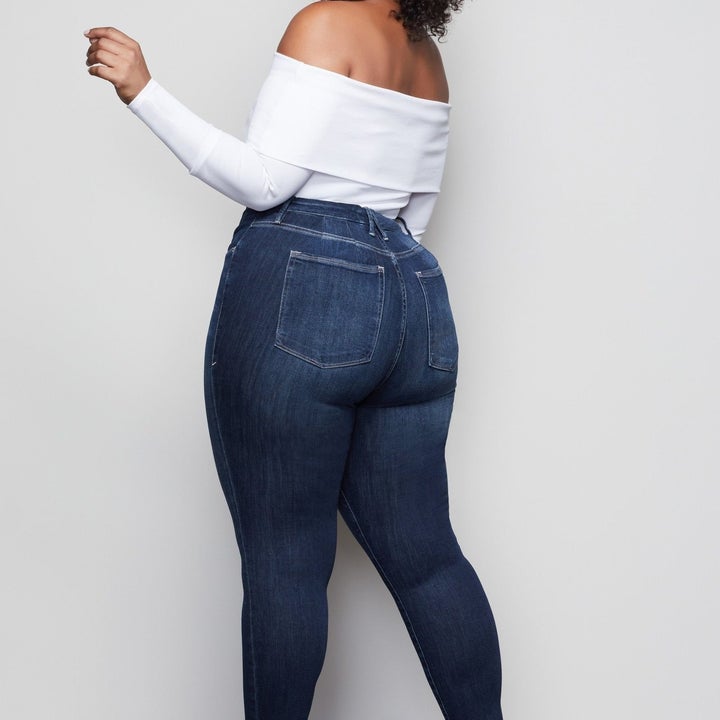 model wearing the blue jeans 