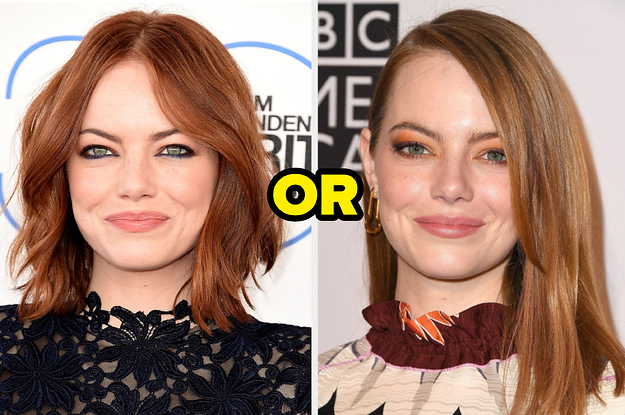 Emma Stone with a middle part next to her with a side part