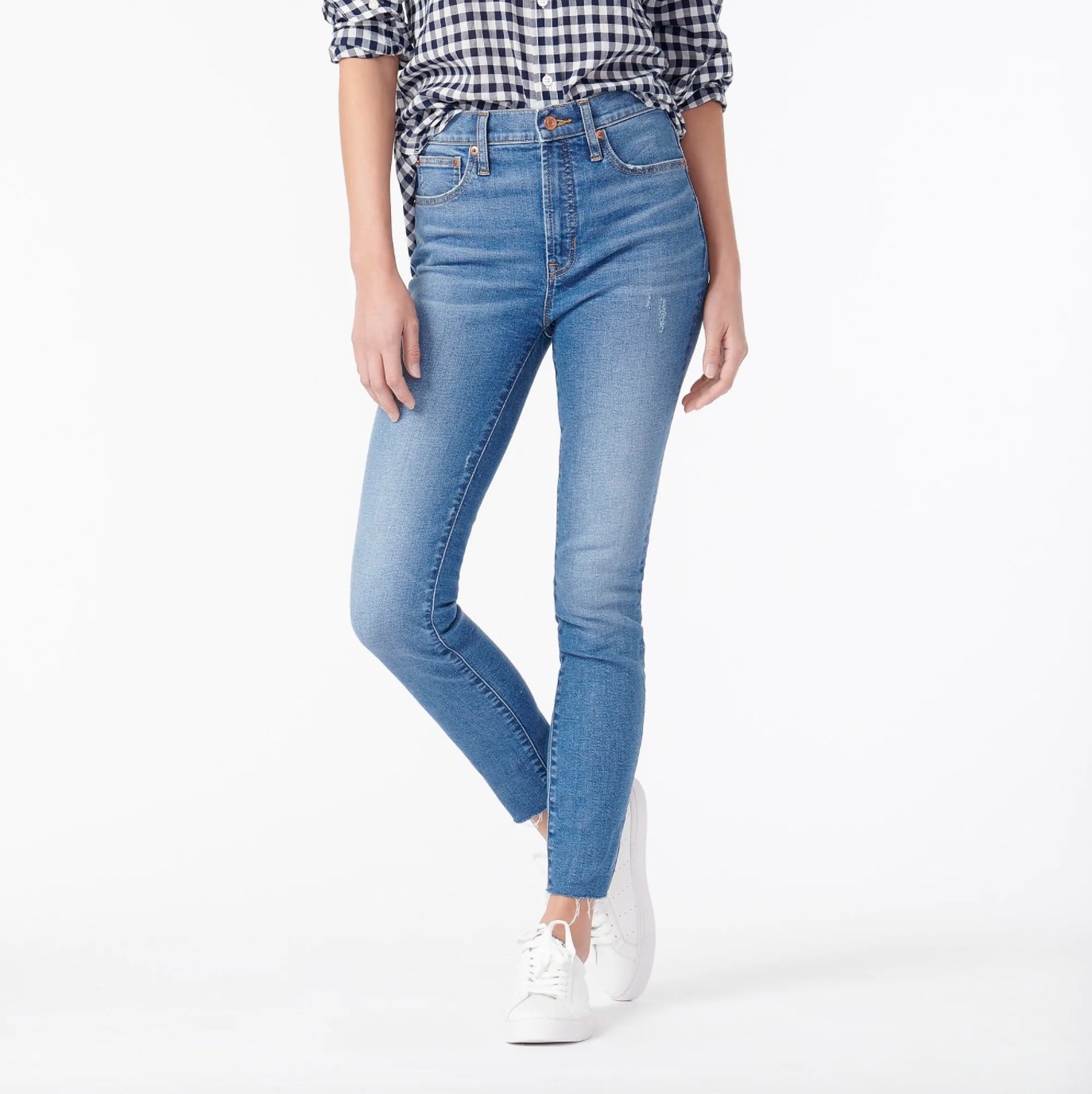 The pair of high-rise toothpick jeans in blue