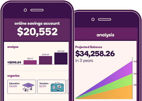 Phone illustrations showing savings goals and projected balance