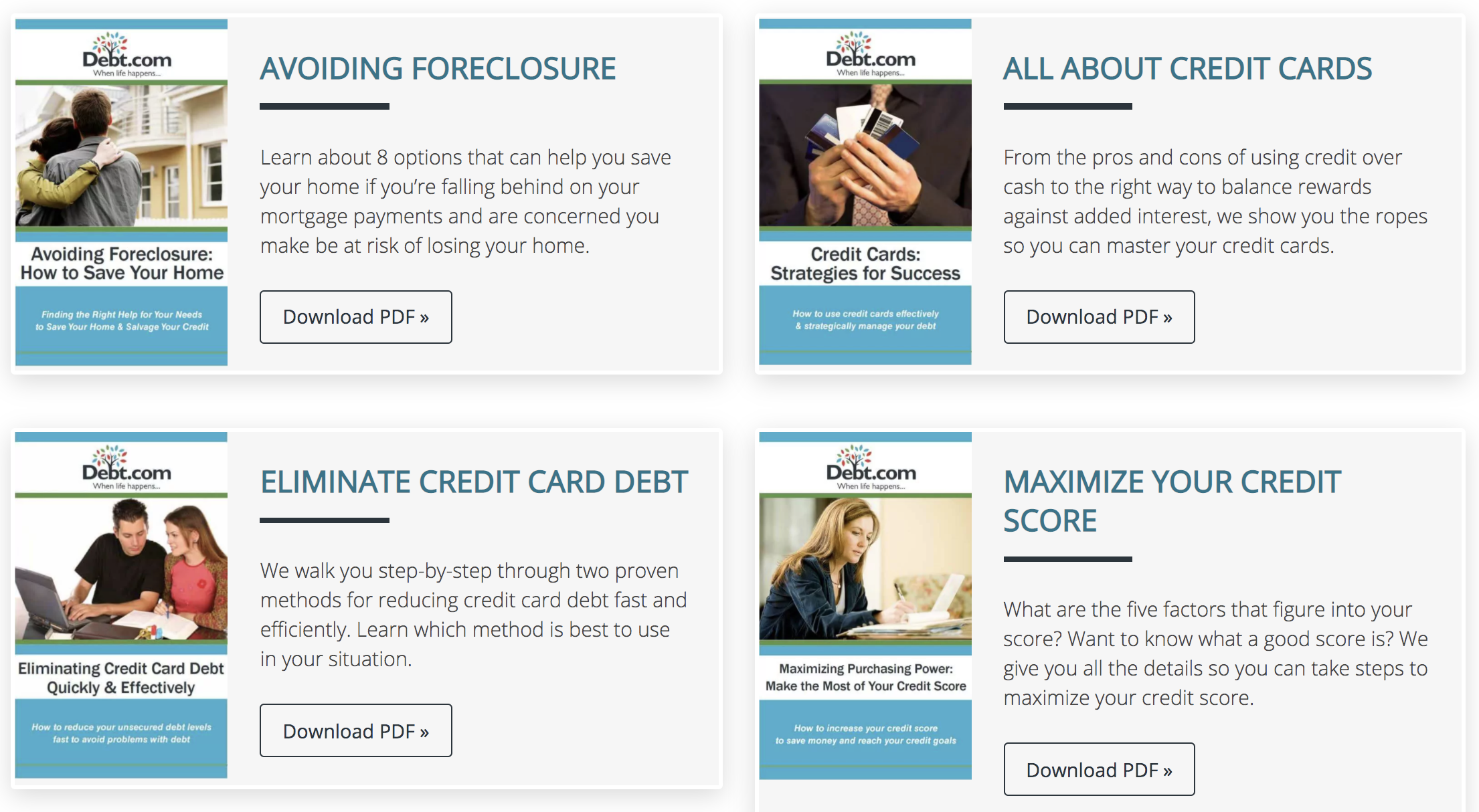 Booklets on foreclosure, credit scores, credit card debt, and credit cards