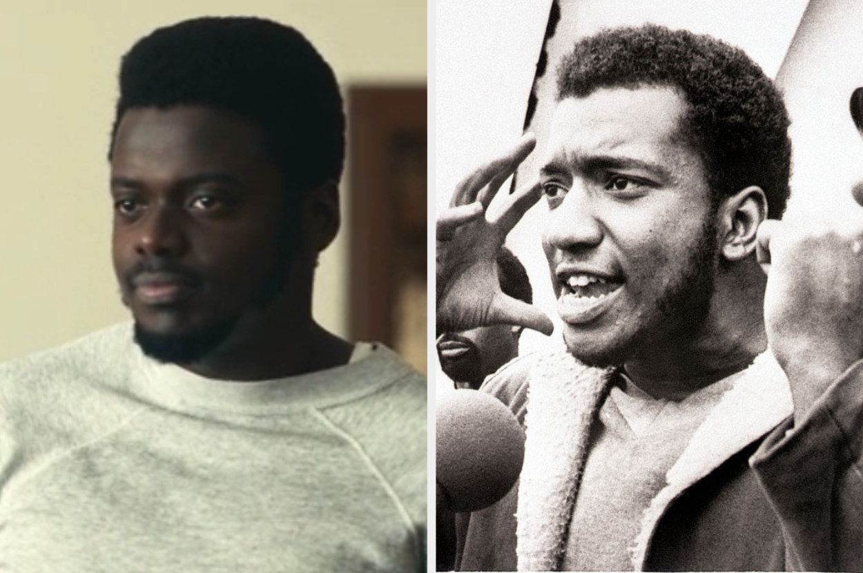 Daniel Kaluuya as Fred Hampton with facial hair and an archival photo of the real Fred Hampton