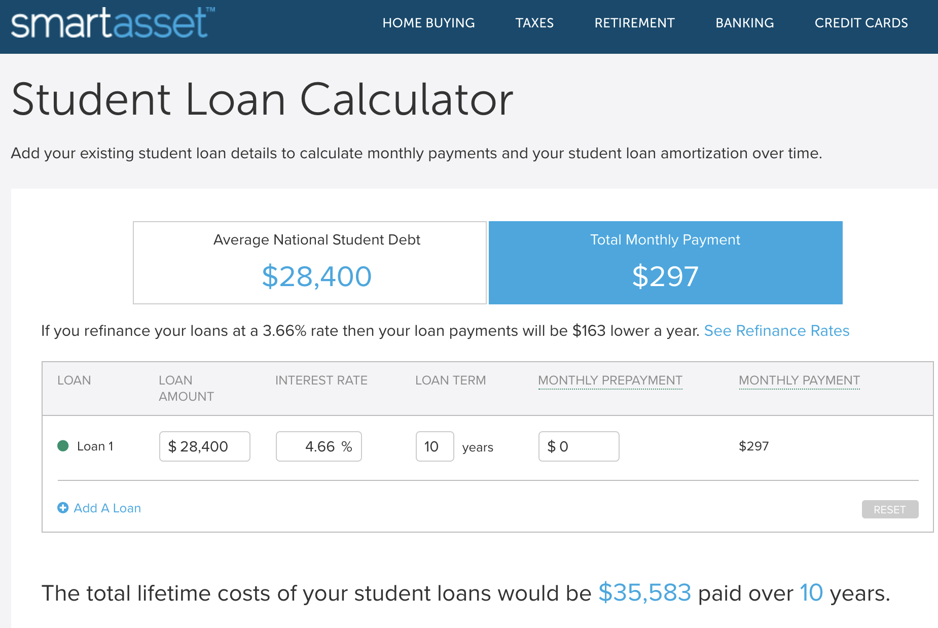 Student loan calculator screenshot