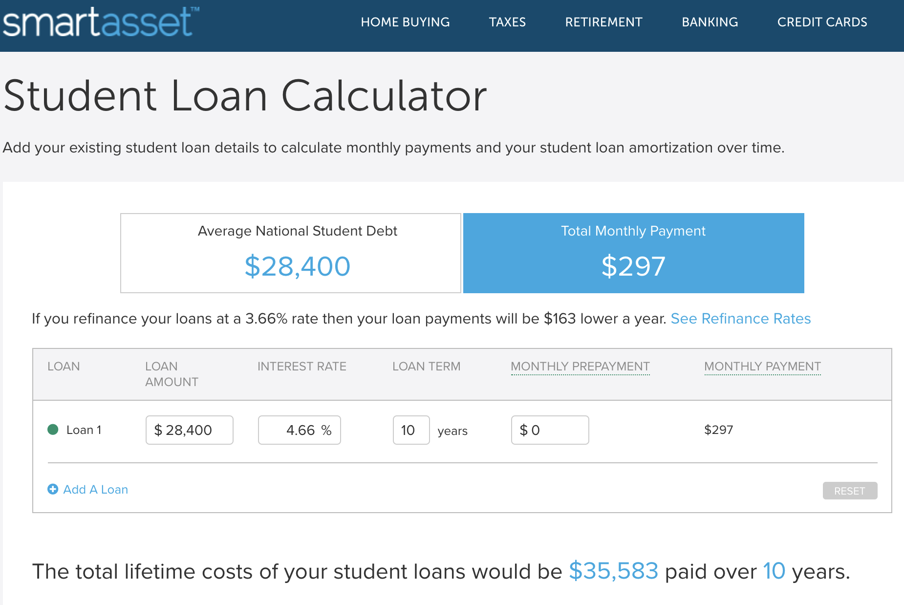 Student loan calculator screenshot