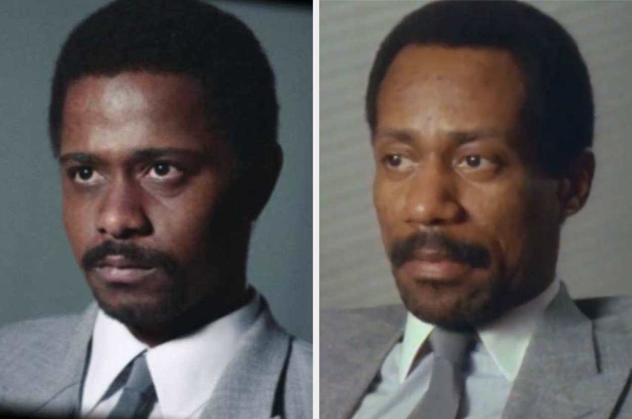 LaKeith Stanfield as William O&#x27;Neal wearing a grey suit and archival footage of the real William O&#x27;Neal in the same grey suit