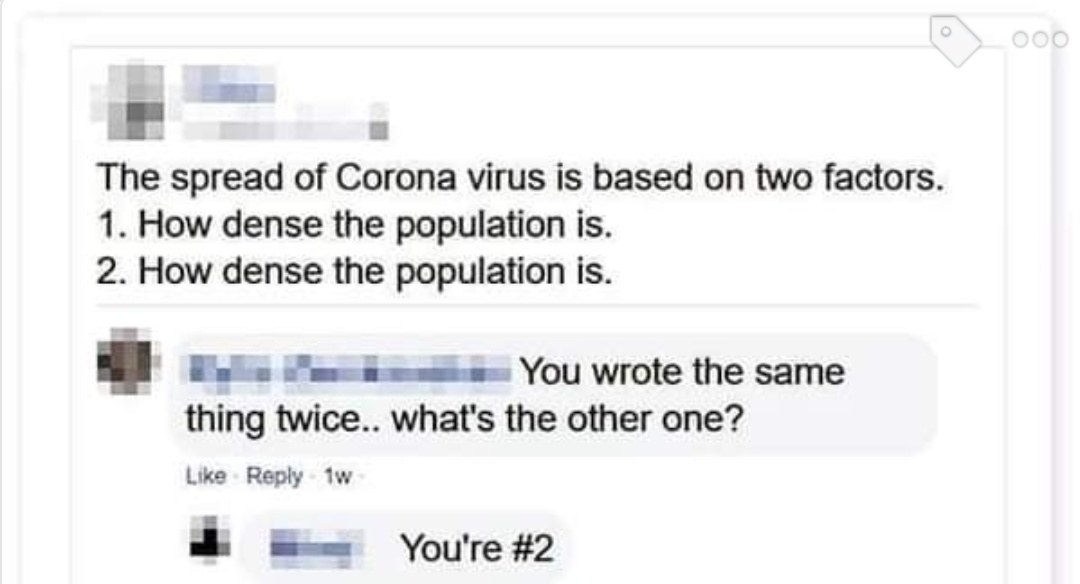person talking about corona spread and the other person falls for a joke about density