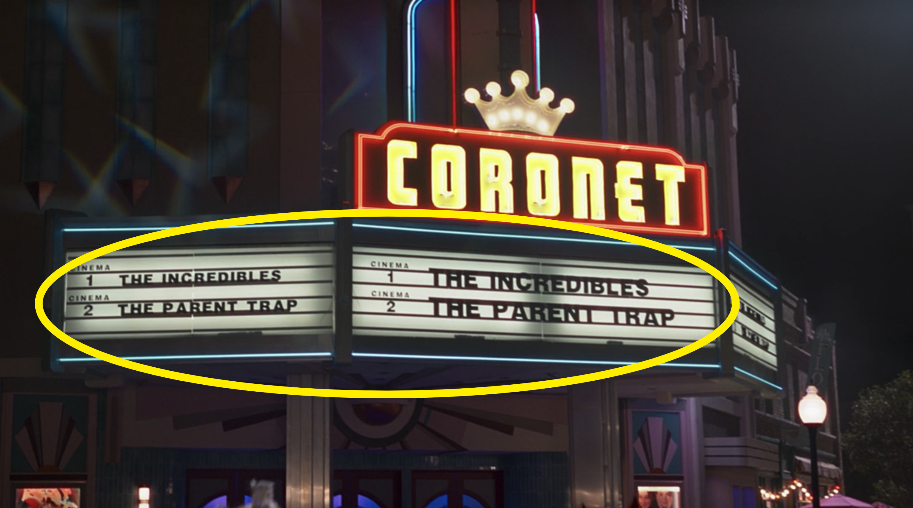 A circle around a movie theater marquee showing &quot;The Incredibles&quot; and &quot;The Parent Trap&quot;