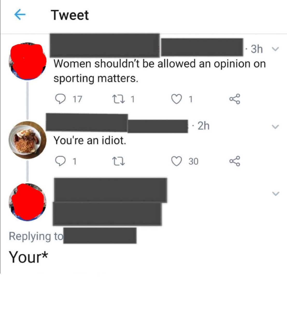 Person who says women shouldn&#x27;t have opinions about sports is told &quot;You&#x27;re an idiot,&quot; and the other person &quot;corrects&quot; them for not writing &quot;your&quot;