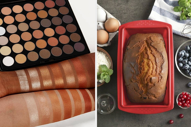 on left an eyeshadow palette being swatched and on right bread in a loaf pan