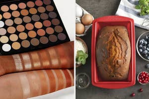 on left an eyeshadow palette being swatched and on right bread in a loaf pan 