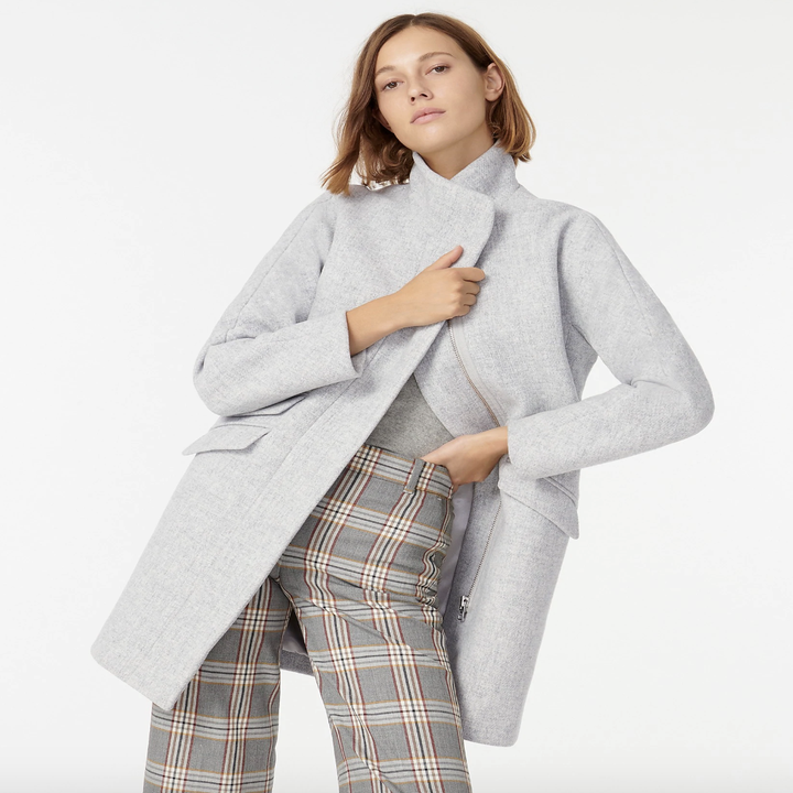 model wearing the light gray coat 