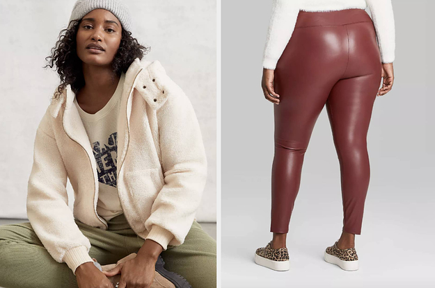 on left model wearing sherpa sweater and on right model wearing burgundy leggings