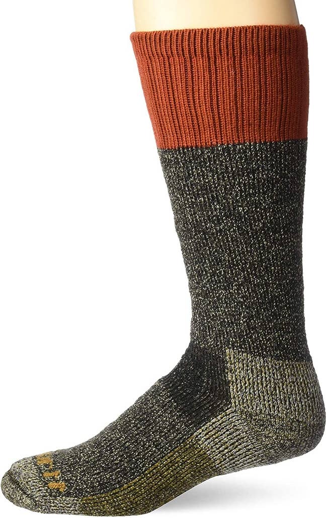 the cold weather sock in a green, gray, and orange color-blocked pattern