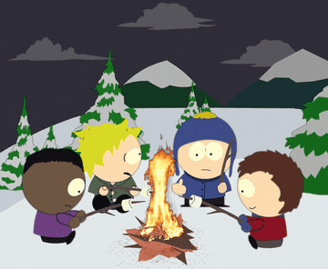 South Park characters roasting marshmallows over a campfire in the snow