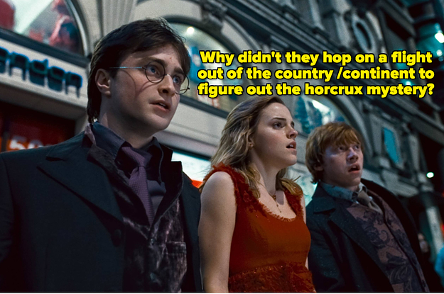 Harry, Ron, and Hermione standing breathless in the streets of London