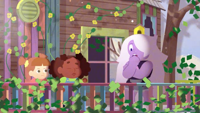 amethyst and two girls standing on a tv set made up to look like a treehouse