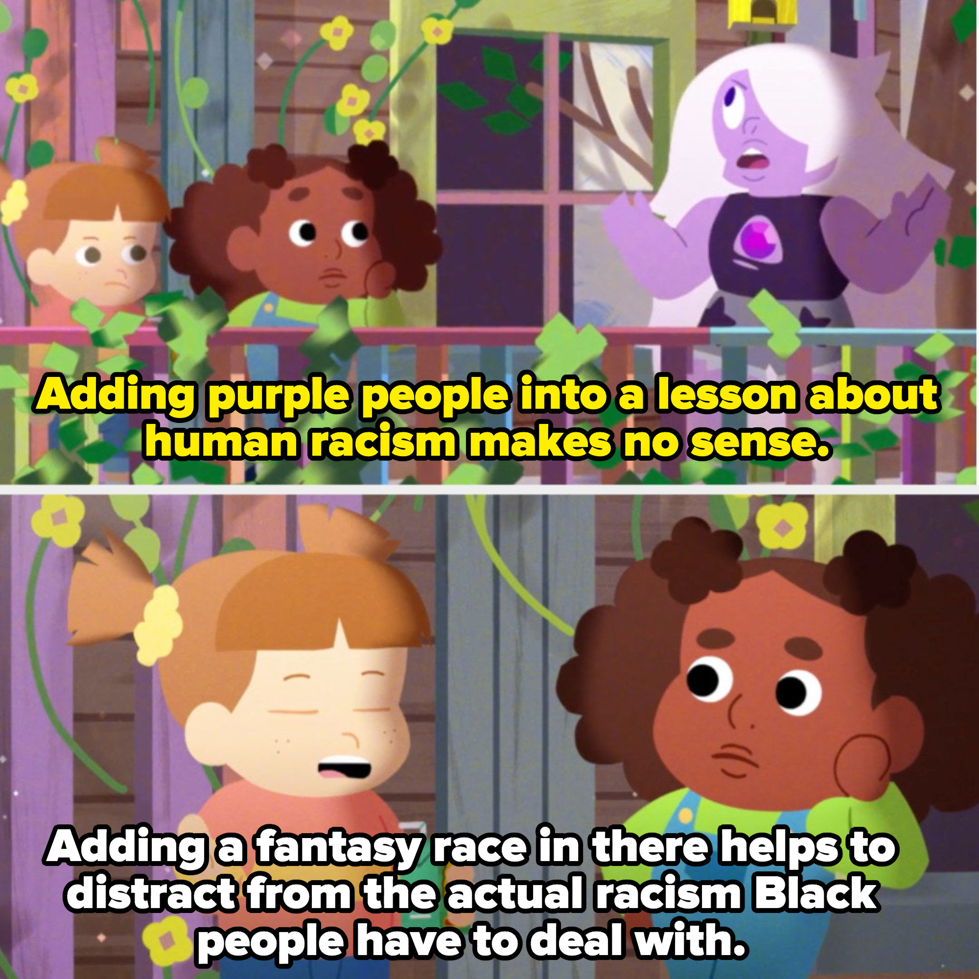 a child says &quot;adding a fantasy race in there helps to distract from the actual racism black people have to deal with&quot;