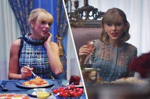 Taylor Swift at a dinner table in two different music videos