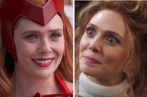 Wanda Maximoff in a red Halloween costume and then also looking shocked
