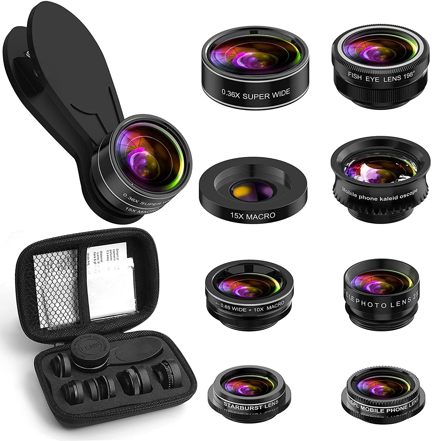 carrying case with various phone lenses