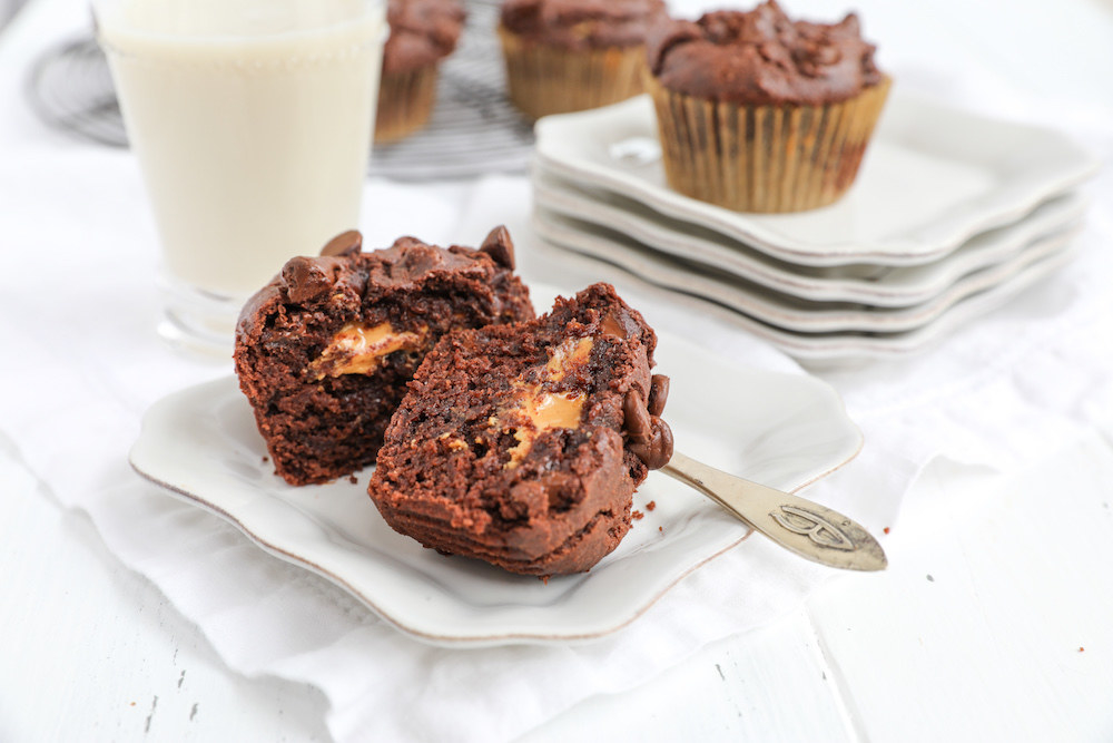 Double Chocolate Peanut Butter Surprise Muffins