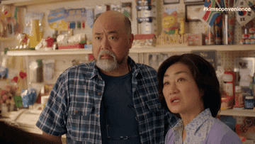 Mr. and Mrs. Kim stare in shock and slowly nod along on Kim&#x27;s Convenience