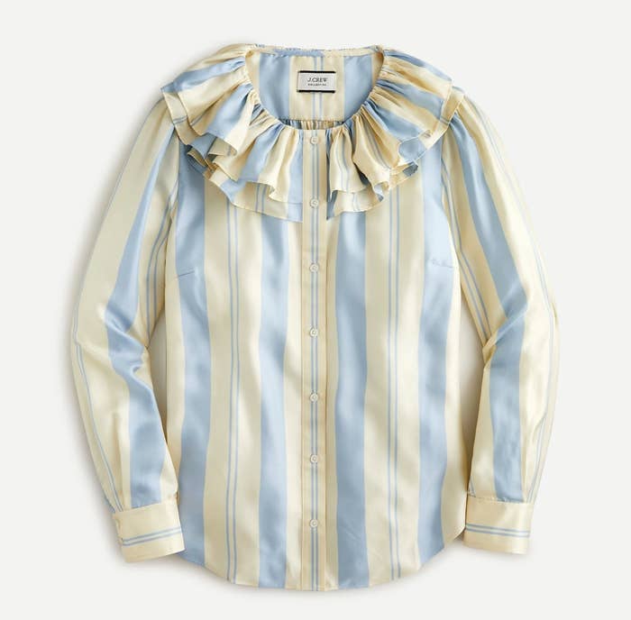 yellow and blue striped button front blouse