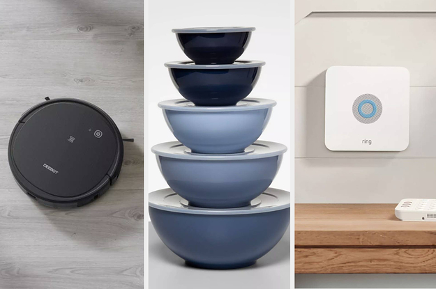 A split thumbnail of a robot vacuum, mixing bowls, and a ring alarm