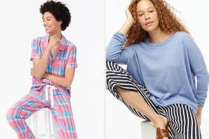 model in plaid pjs and a model in a blue sweater