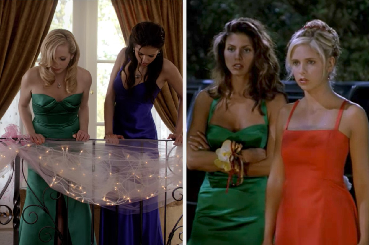 Caroline and Elena at the Miss Mystic Falls pageant, and Cordelia and Buffy in their homecoming dresses