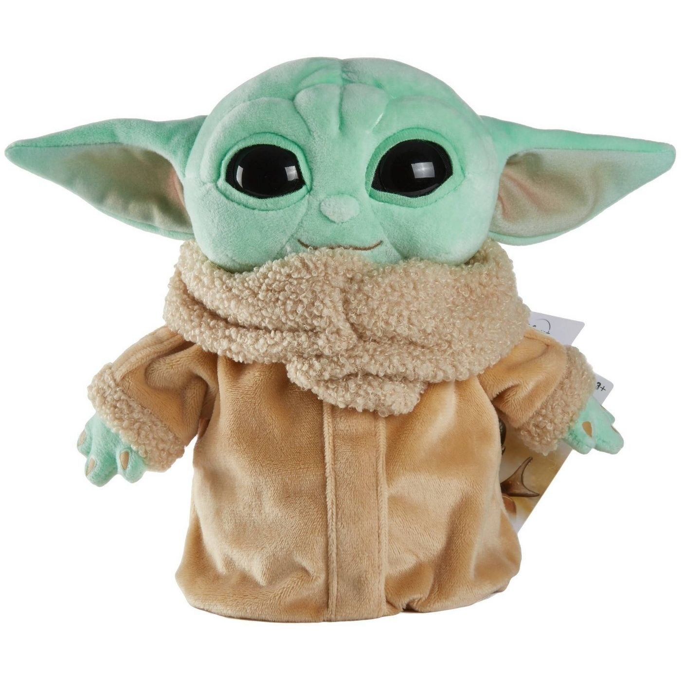 The doll, which is made of soft plush all over, and is wearing the robe that Baby Yoda wears on the Mandalorian