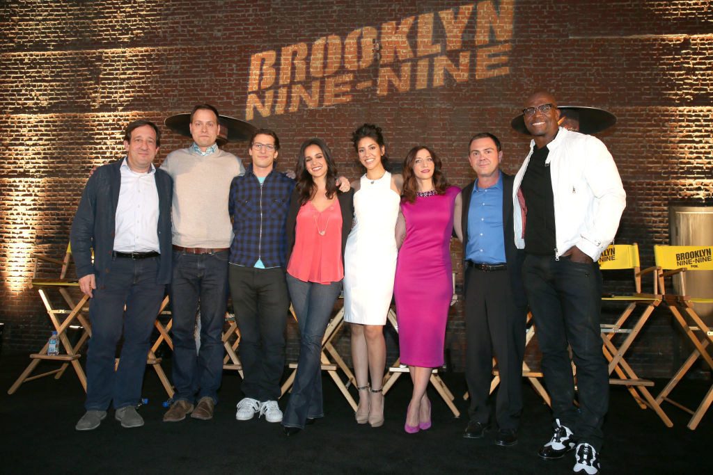 Executive producers David Miner, Dan Goor, actors Andy Samburg, Melissa Fumero, Stephanie Beatriz, Chelsea Peretti, Joe Lo Truglio and Terry Crews attend the "Brooklyn Nine-Nine" steak-out block party