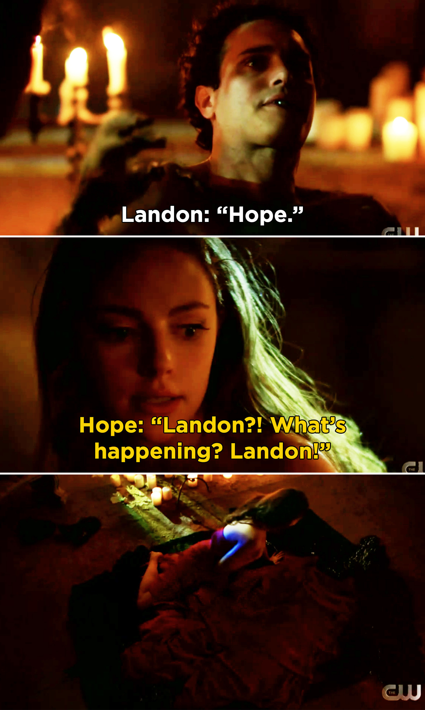 Landon yelling Hope&#x27;s name and Hope saying, &quot;Landon?! What&#x27;s happening? Landon!: