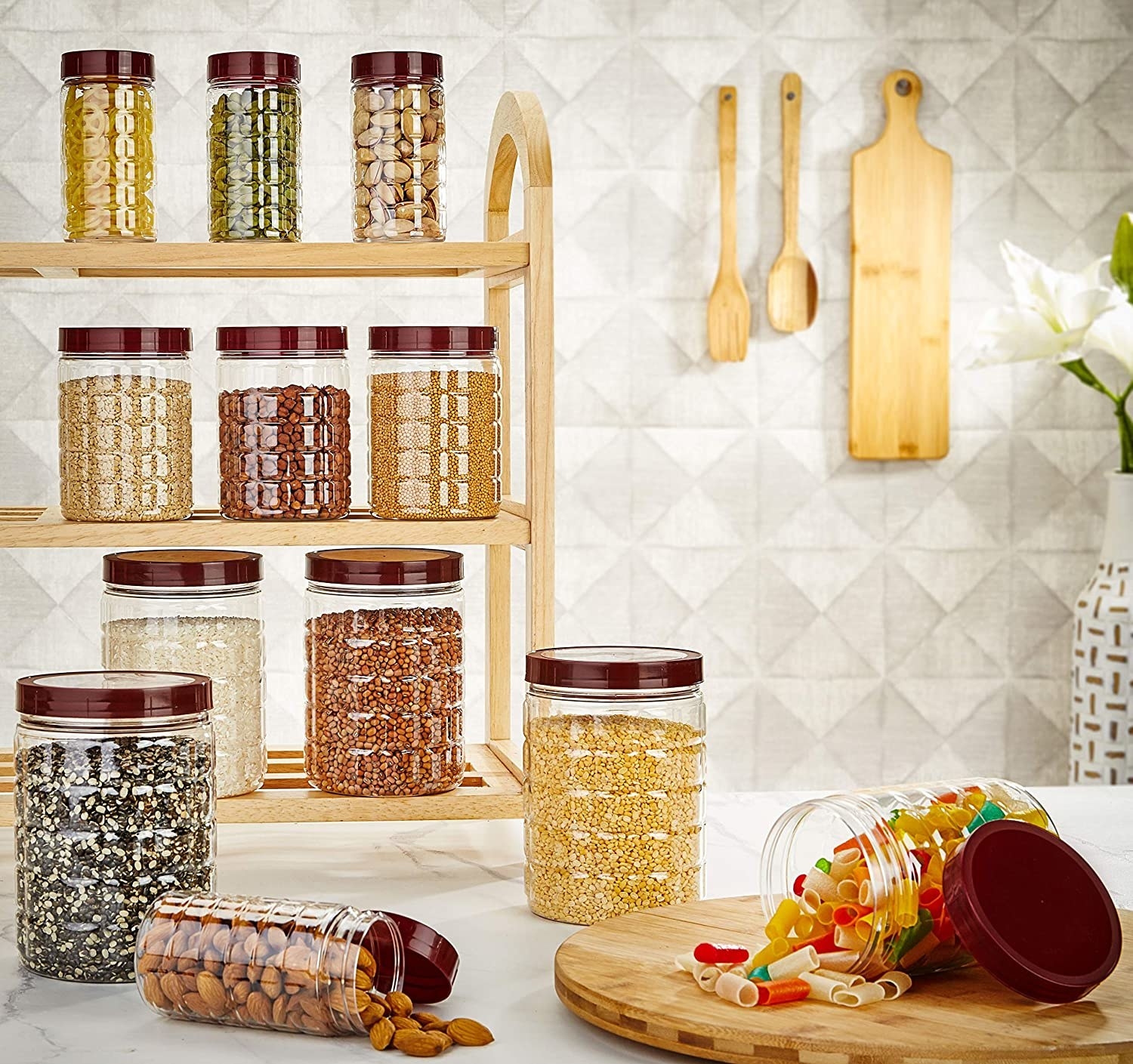 A set of airtight containers with food items in them