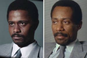 LaKeith Stanfield as William O'Neal wearing a grey suit and archival footage of the real William O'Neal in the same grey suit