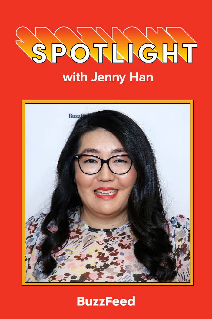 A photo of Jenny Han, who wears eyeglasses, with the caption: Spotlight with Jenny Han