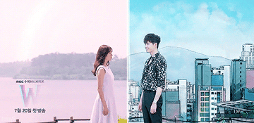 Lee Jong-suk stands in a cartoon version of the world while Han Hyo-joo stands in the real world