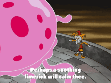 Squidward from SpongeBob trying to calm a giant jellyfish with a limerick