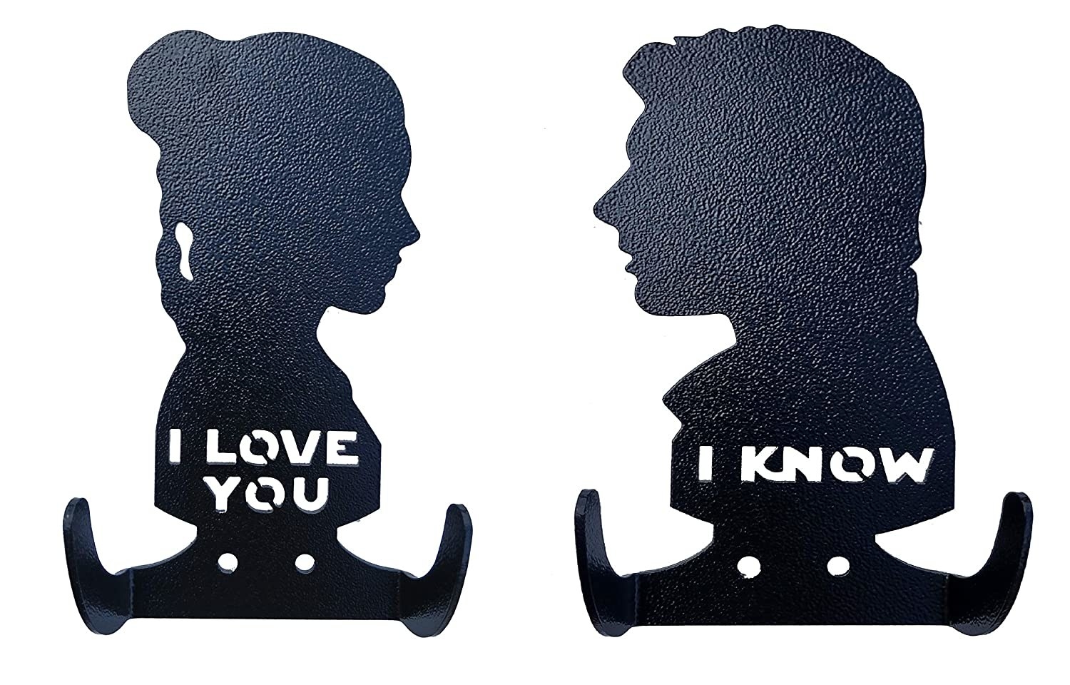 A set of hook hangers with Han and Leia on them