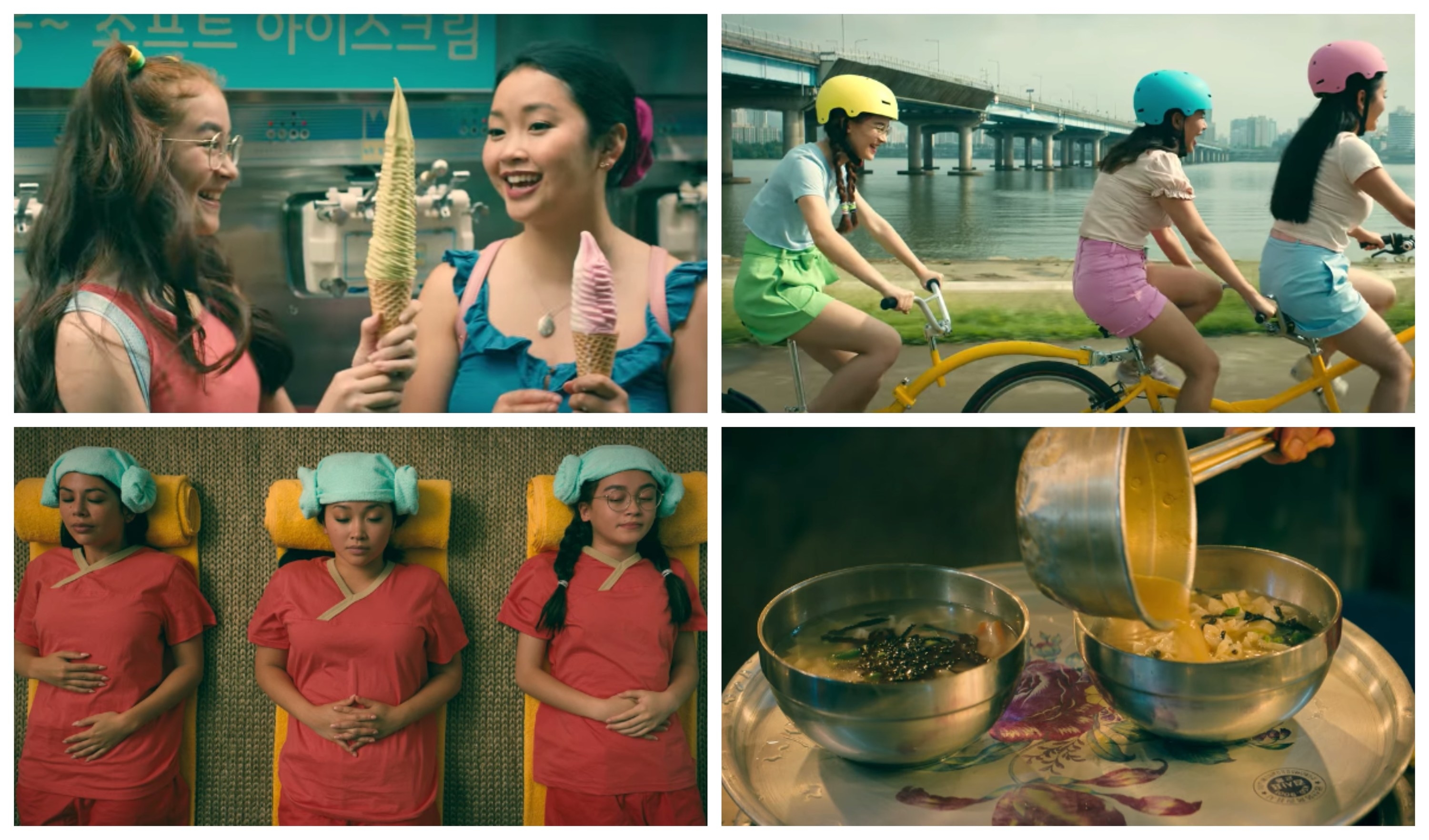 A collage of photos showing the Song sisters eating ice cream and dumplings, while also riding on a tandem bike and getting a massage