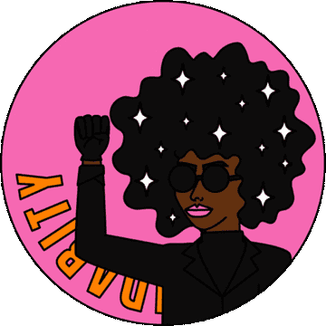 An animation of a woman with an afro and holding up a fist. 