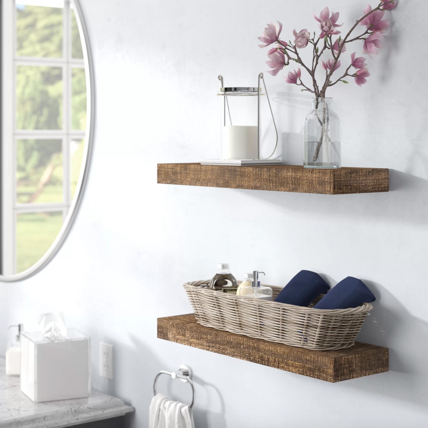 The set of two wood floating shelves in dark walnut