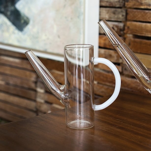 A transparent glass watering canister for plants 