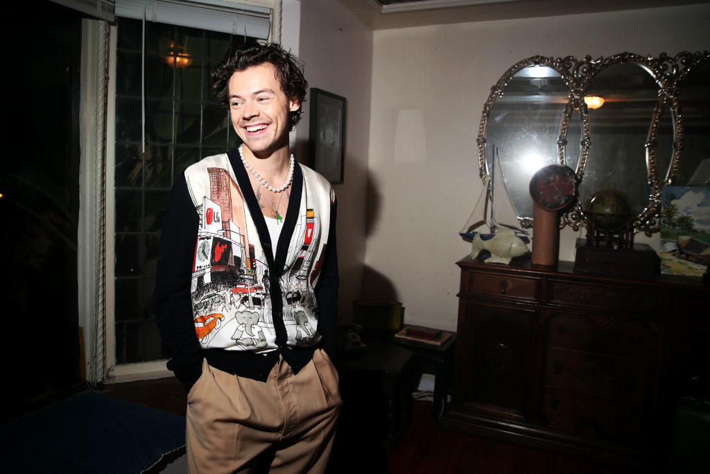 Harry Styles smiling alone in a room, wearing a cardigan