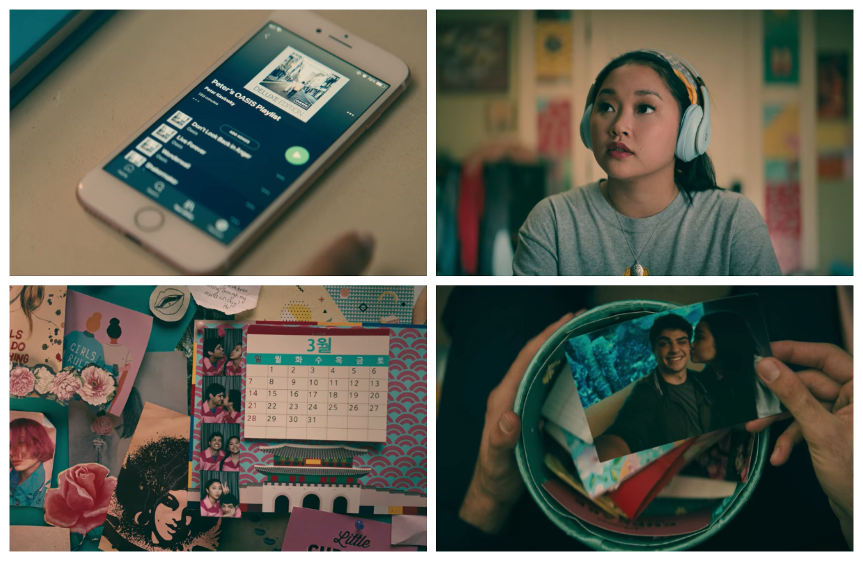 A collage of Lara Jean looking at Peter&#x27;s playlist on her phone, looking at her wall and then giving the memory box to Peter